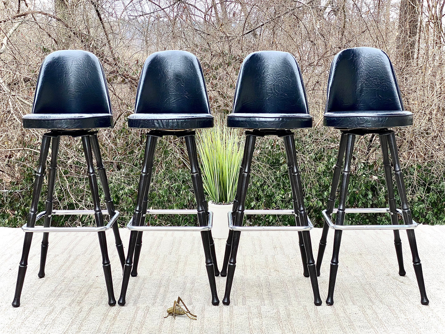 Vintage MCM Black Vinyl Wood Bar Stools