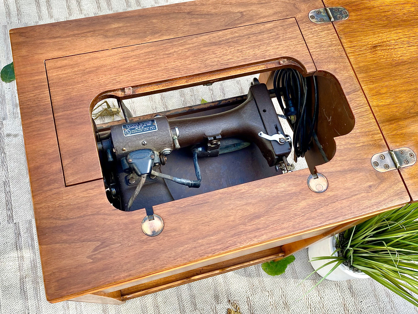 Small Vintage Wooden White Sewing Machine Side Table