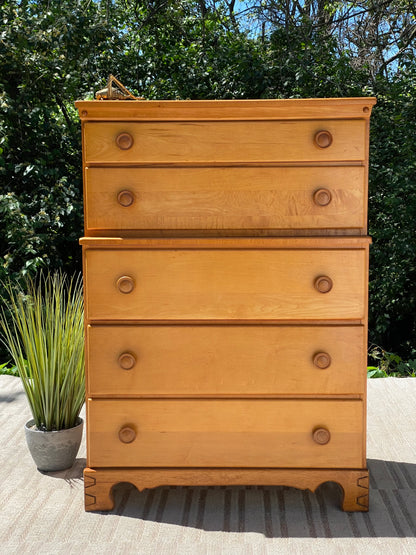 Vintage Thomasville Solid Maple Highboy 5 Drawer Dresser