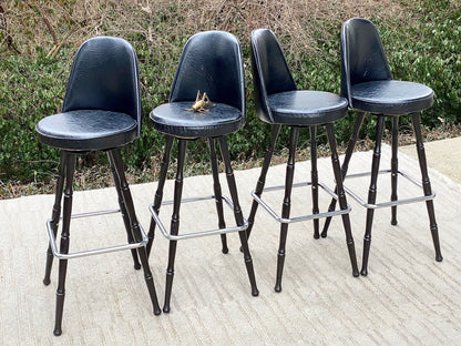 Vintage MCM Black Vinyl Wood Bar Stools