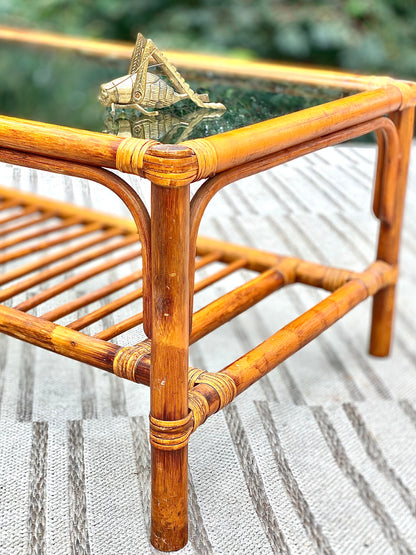 Vintage Bamboo Rattan Glass Top Coffee Table