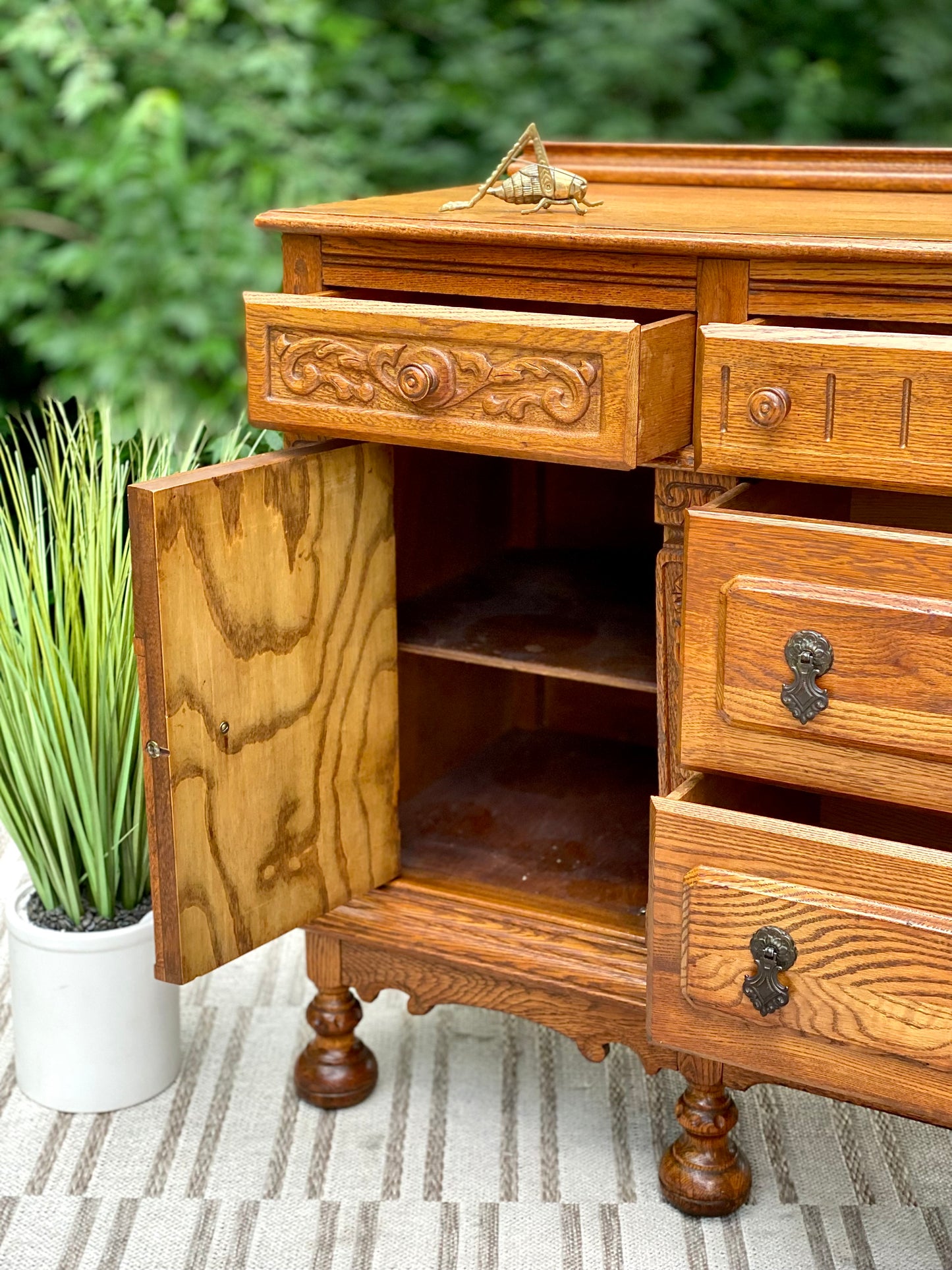 Vintage Long Wooden Buffet Credenza