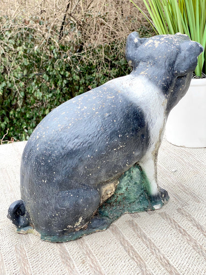 Vintage Concrete Black & White Pig Statue