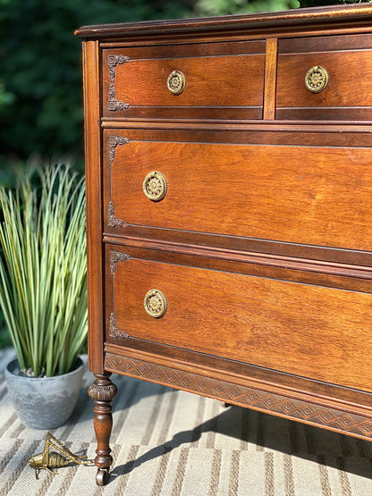 Vintage Wooden Walnut 5 Drawer Dresser