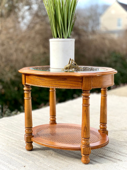 Vintage Wooden Glass Top Oval Side Table