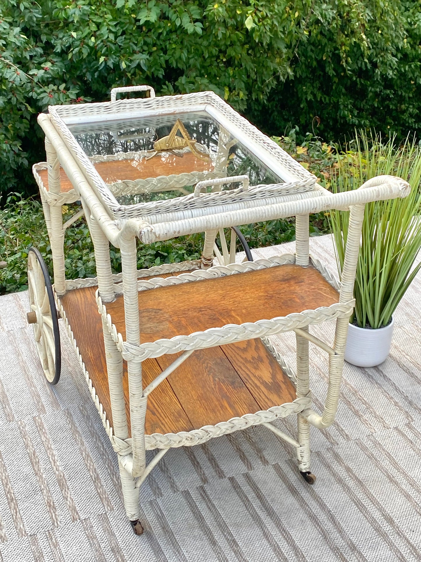 Vintage Wicker Glass Bar Cart