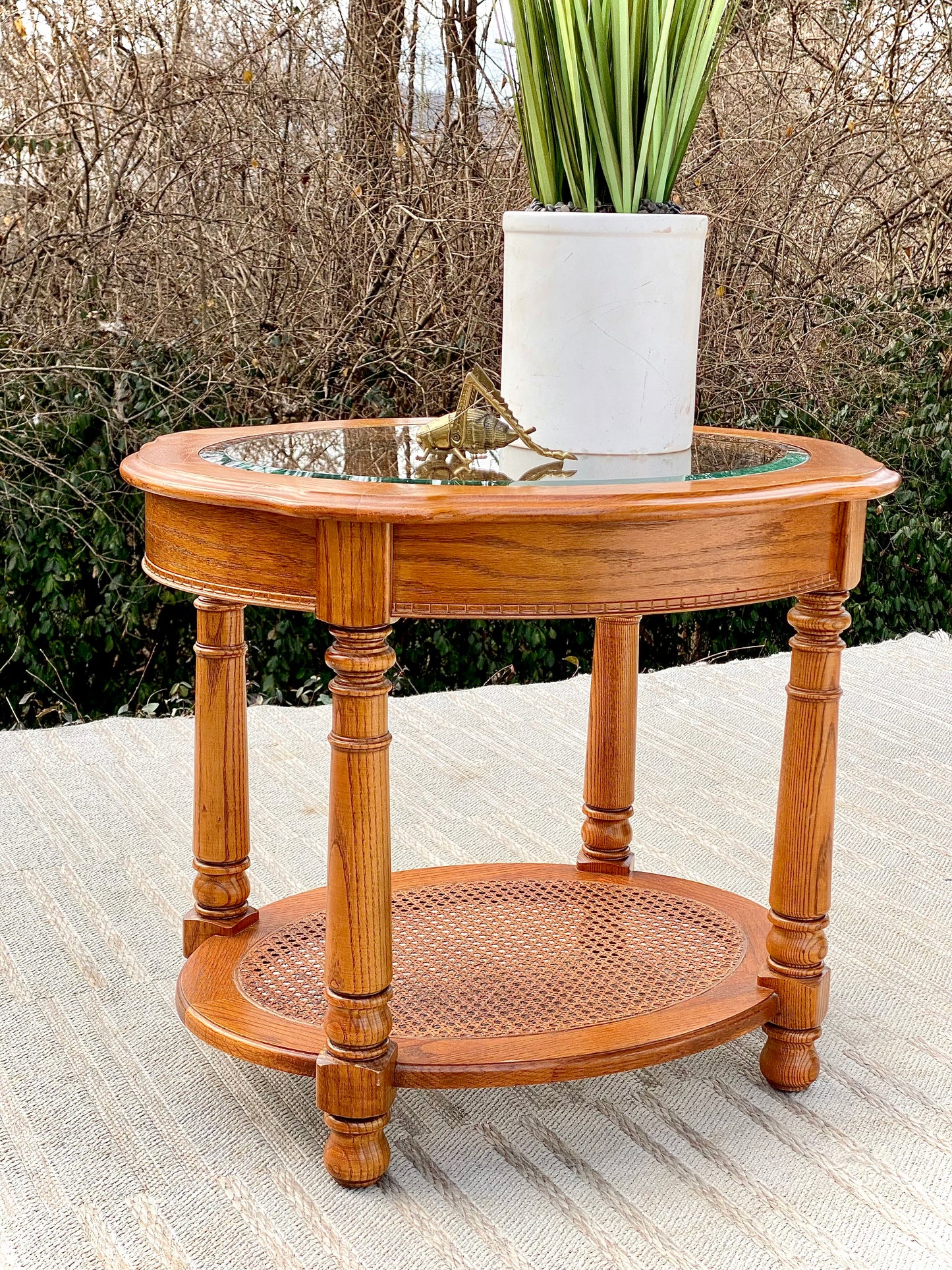 Vintage Wooden Glass Top Oval Side Table