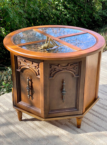 Vintage Round Wooden Glass Top Side Table