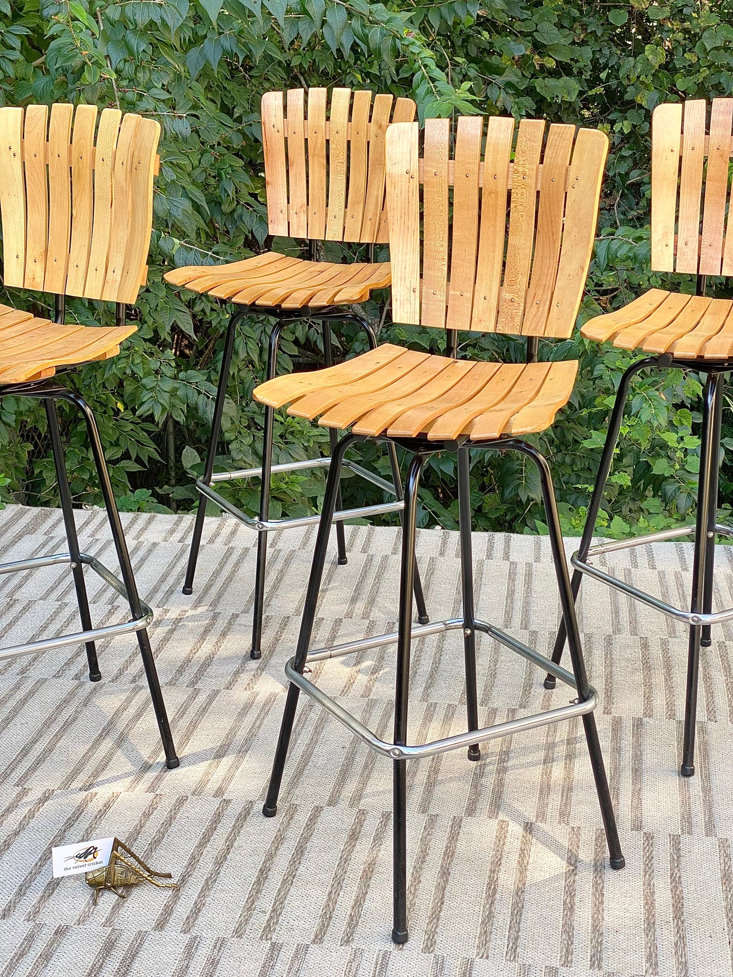 Vintage Set of 4 Arthur Umanoff Style Slatted Wood Barstools