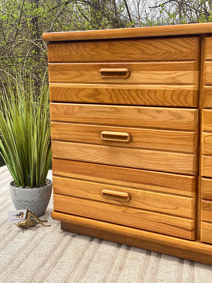 Vintage Broyhill Oak 9 Drawer Lowboy Dresser