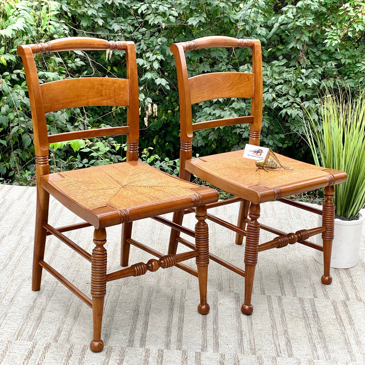 Vintage Pair of Wooden Rush Seat Accent Chairs