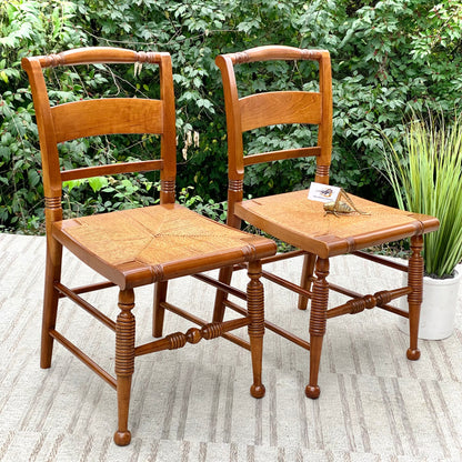 Vintage Pair of Wooden Rush Seat Accent Chairs
