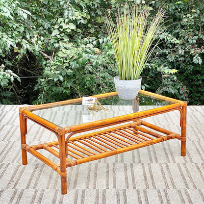 Vintage Bamboo Rattan Glass Top Coffee Table