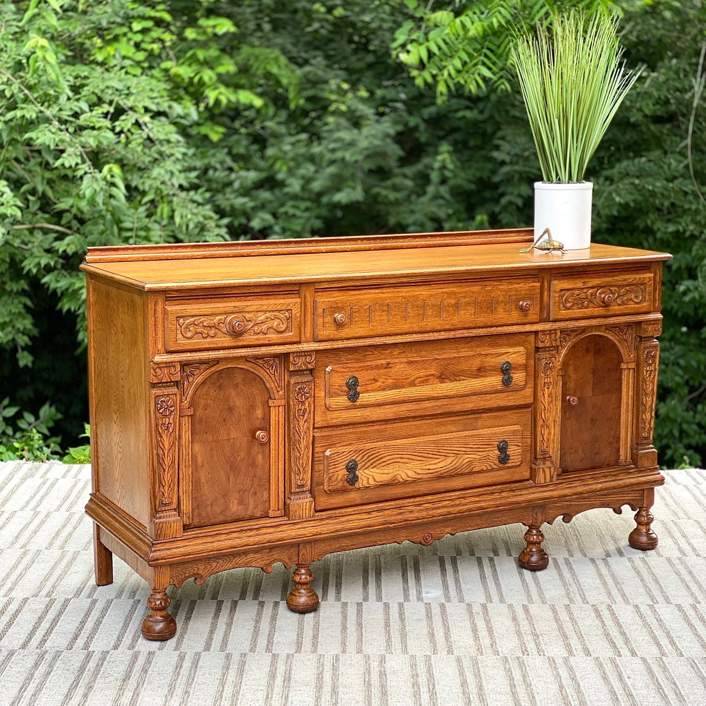 Vintage Long Wooden Buffet Credenza