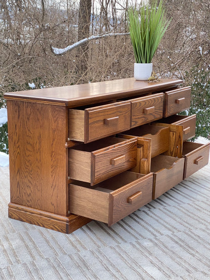 Vintage Oak 9 Drawer Long Dresser