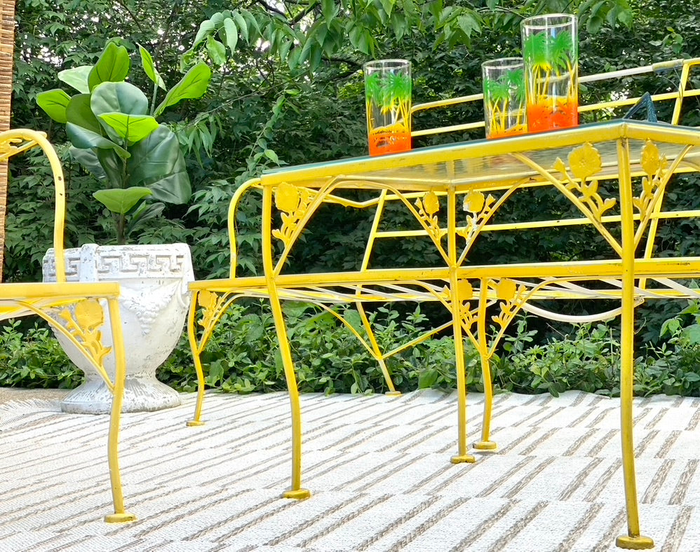 Vintage 4 Piece Yellow Floral Wrought Iron Outdoor Patio Set