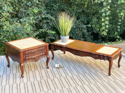 Vintage French Provincial Marble Top Coffee and Side Table Set