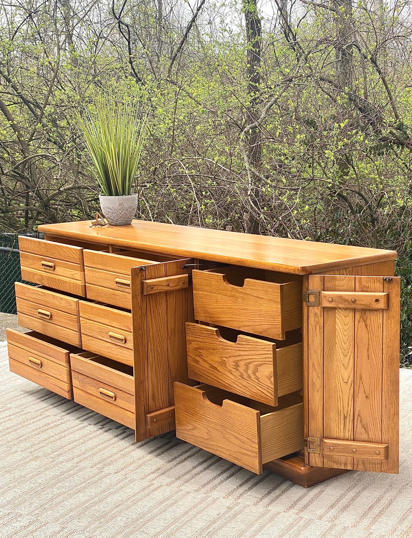 Vintage Broyhill Oak 9 Drawer Lowboy Dresser