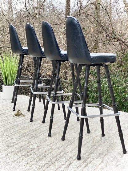 Vintage MCM Black Vinyl Wood Bar Stools
