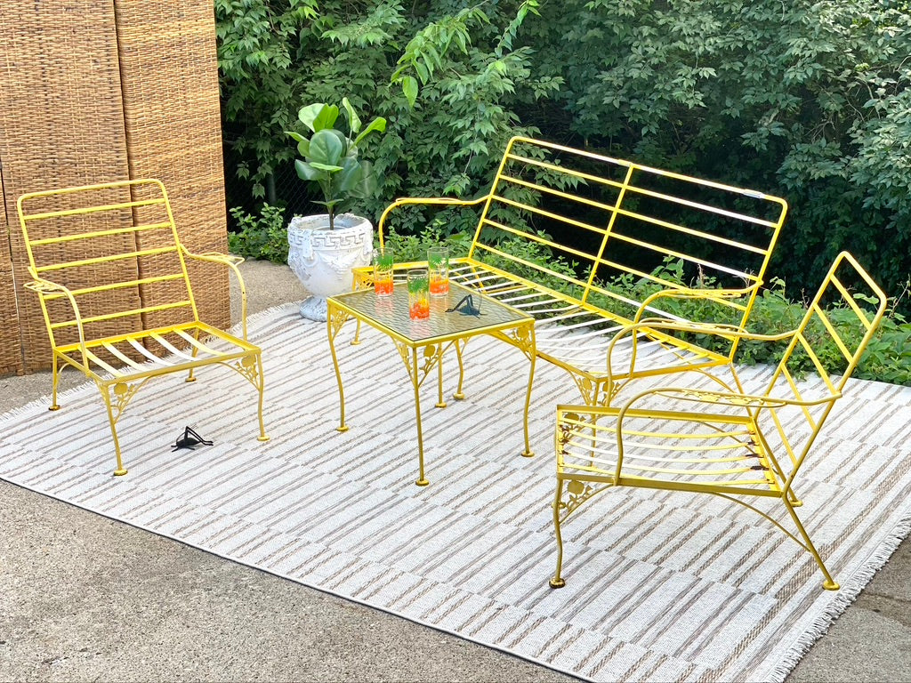 Vintage 4 Piece Yellow Floral Wrought Iron Outdoor Patio Set