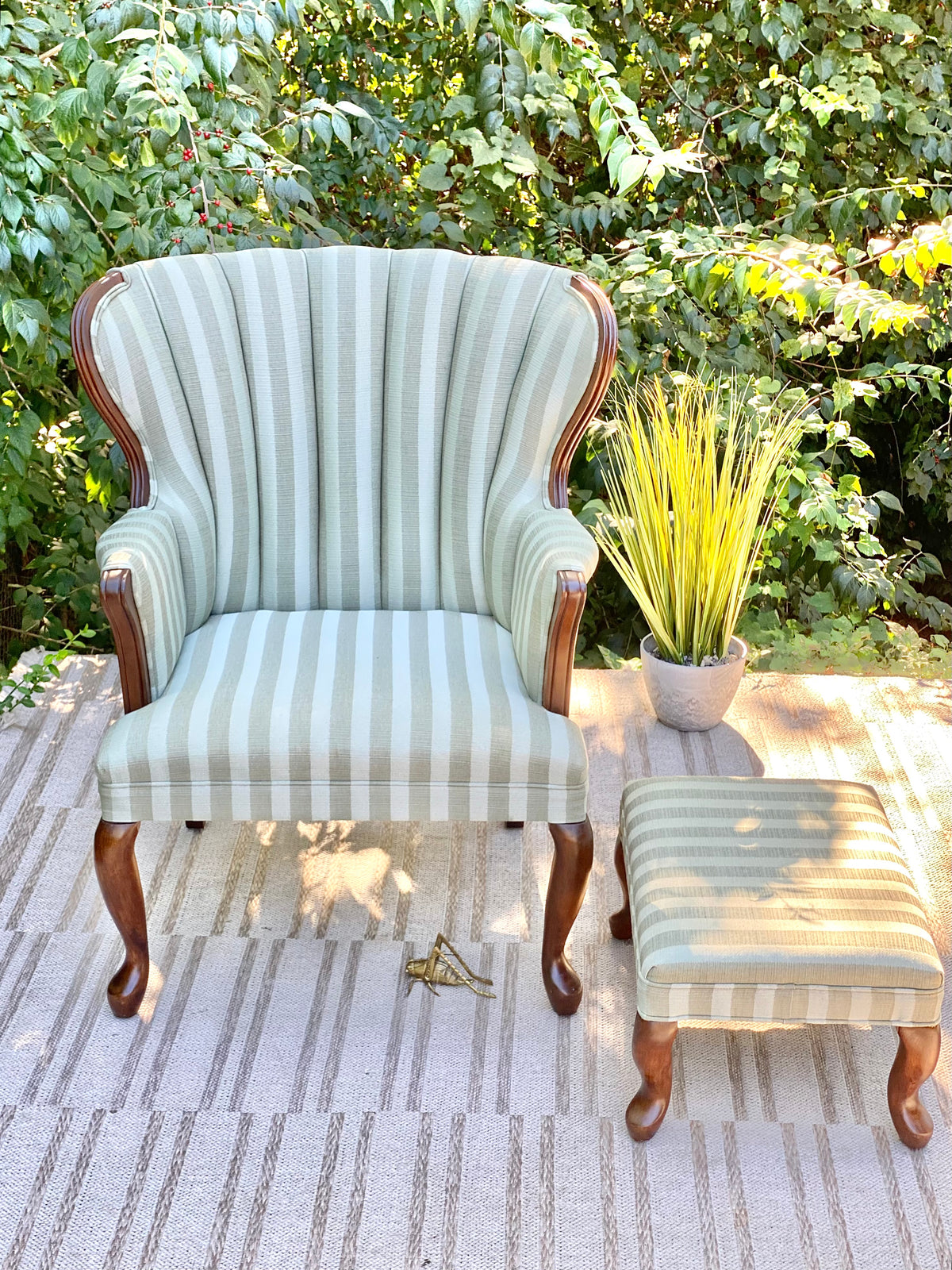Upholstered Striped Wingback Occasional Chair & Ottoman