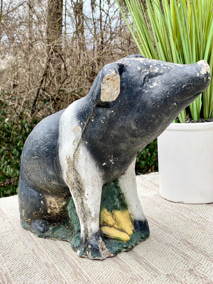 Vintage Concrete Black & White Pig Statue