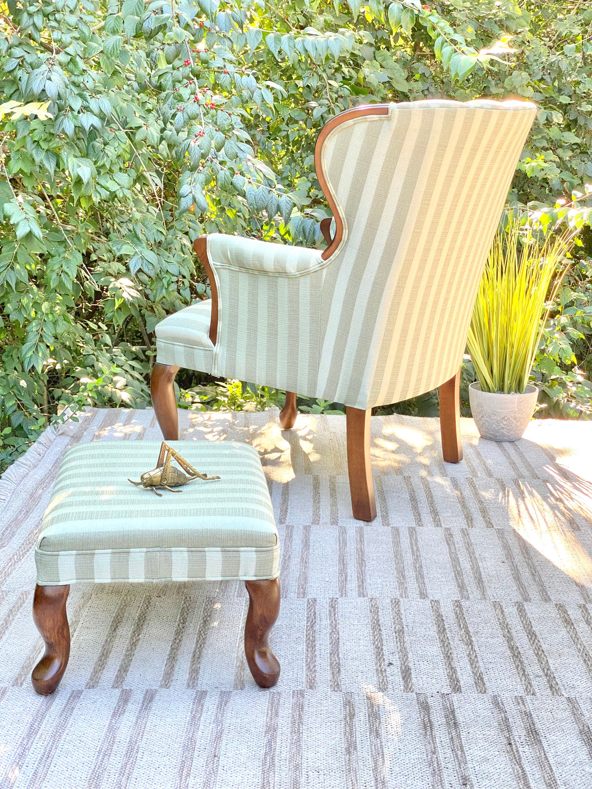 Upholstered Striped Wingback Occasional Chair & Ottoman