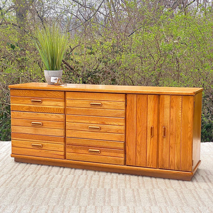 Vintage Broyhill Oak 9 Drawer Lowboy Dresser