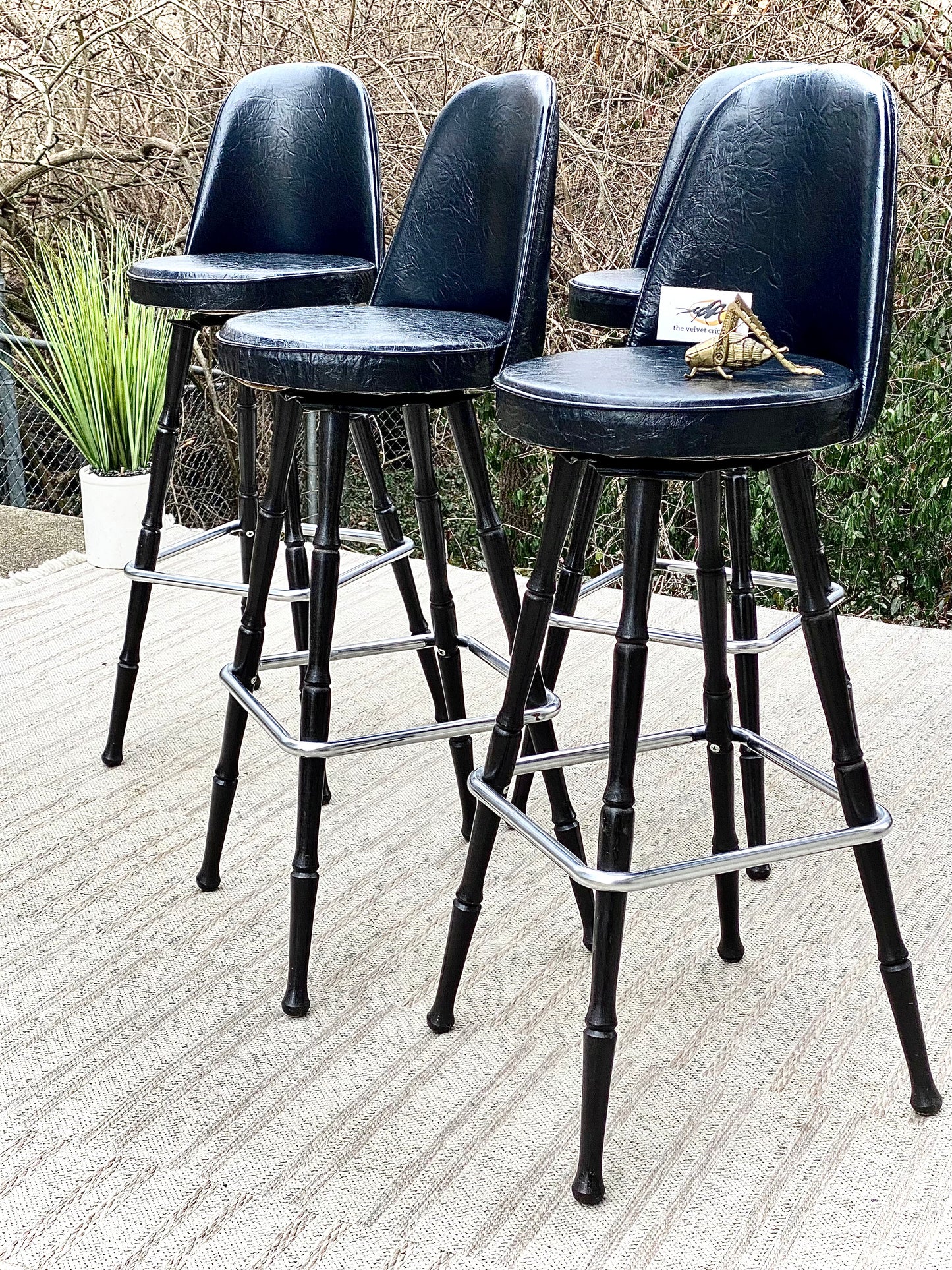 Vintage MCM Black Vinyl Wood Bar Stools