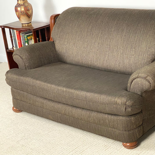 Gray Fabric Sofa with Wood Accents