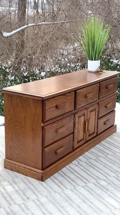 Vintage Oak 9 Drawer Long Dresser