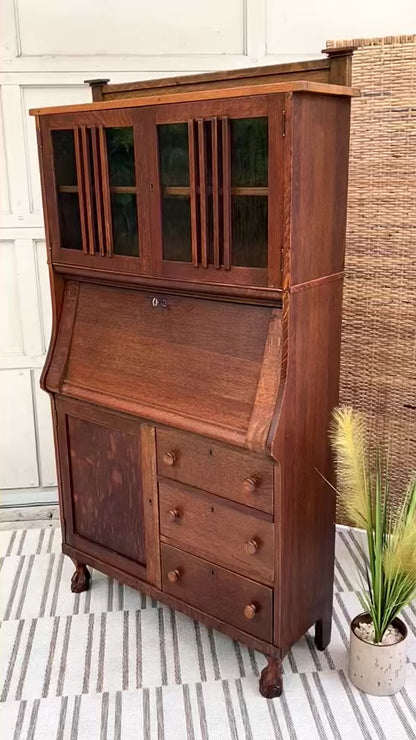 Vintage Oak Secretary Arts & Crafts Bookcase